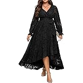 Plus Size Dresses Wedding Guest - Fall Semi Formal Floral Long Sleeve Wrap V Neck High Low Maxi Dress with Belt Women