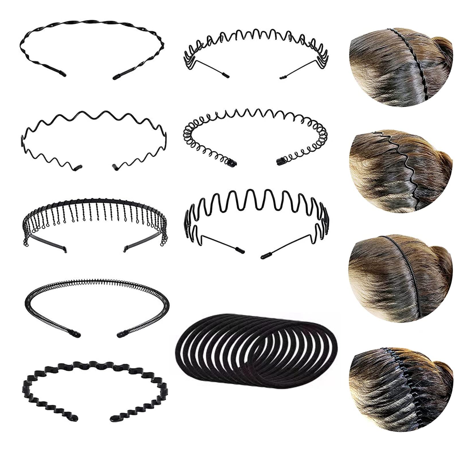 Unisex Metal Headband, 8 Pieces Black Wave Headband Women Men Spring Wave Hair Band for Sports, Fitness, Daily Makeup (Free Ten Hair Ropes)