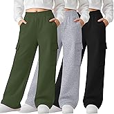 LessonZoo 3 Pack Girl's Wide Leg Sweatpants Cargo Pants Lightweight Baggy High Waisted Joggers Teen Girl Pants with Pockets