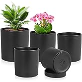 Meowell 7/6.5/6/5/4 inch Plant Pots for Small Indoor Outdoor Plants, 5 Pack Cylinder Flower Pots with Drainage Holes and Saucers, Plastic Planters for Garden Succulent House Plants, Black