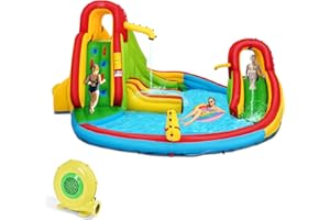 HONEY JOY Inflatable Water Slide, 7 in 1 Bouncy Inflatable Water Park w/Two Slides, Climbing Wall & Splash Pool, Hose, Water Cannons, Indoor Outdoor Blow Up Waterslides for Backyard(with 480w Blower)