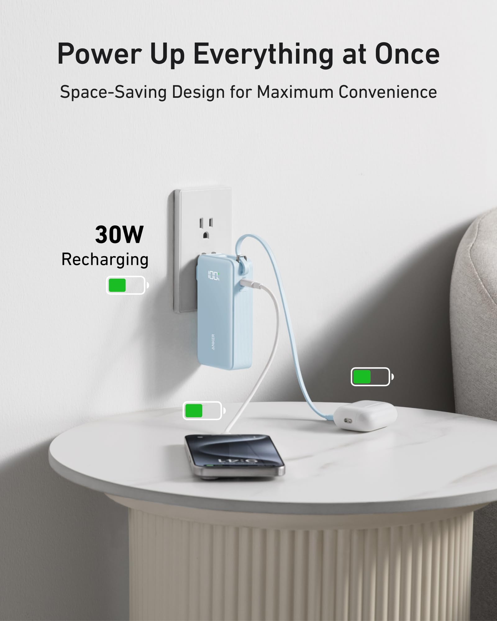 Anker Nano 3-in-1 Portable iPhone Charger, 10,000mAh Power Bank with Built-in USB-C Cable and Foldable Wall Plug, 30W Max Battery Pack, Travel Essentials for iPhone 16/15 Series, Galaxy, MacBook