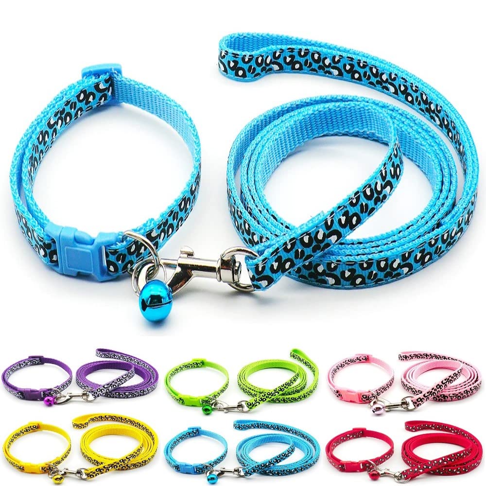 Small Dog Puppy Pet Collar and Lead Set Leopard Print Design Nylon Adjustable Size 19-32cm Collar with Bell and 120cm Leash Blue