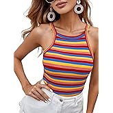Milumia Women Casual Rainbow Striped Ribbed Knit Cami Top Spaghetti Strap Camisole