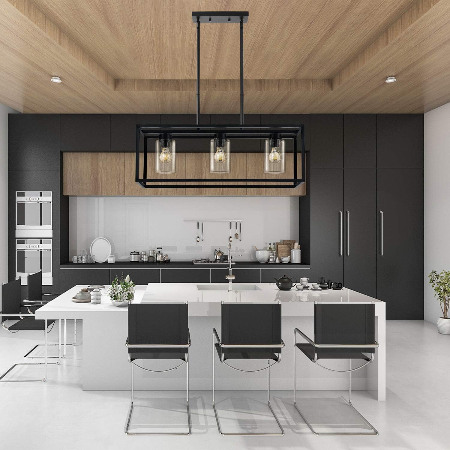 KEDSUM 3 Lights Farmhouse Kitchen Island Lights, Modern Chandeliers Rectangle Black Pendant Lighting for Dinging Room, Hanging Linear Cage Island Lighting with Clear Glass Shade and Adjustable Rods - - 