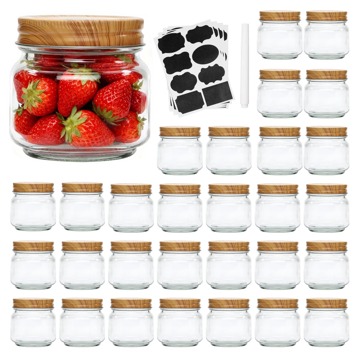 Photo 1 of Accguan Mason Jars, glass jar 8OZ With Regular Lids(Wood Grain Iron Lid), Ideal for Jam, Honey, Wedding Favors, Shower Favors, 30 PACK