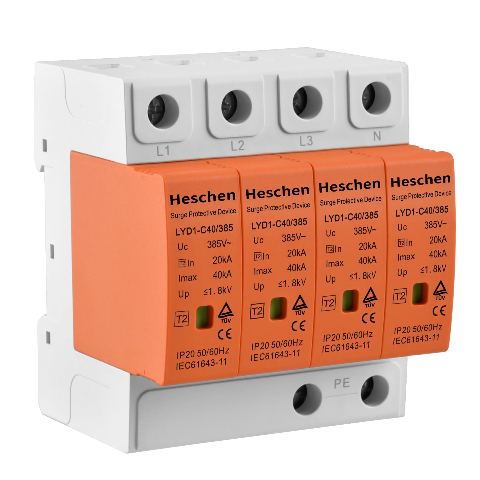 Heschen Surge Protective Device, LYD1-C40/385, 4P 385V 20KA, Fire-Proof, Low-Voltage Arrester, 35mm DIN Rail Mounting (No Remote Terminal)