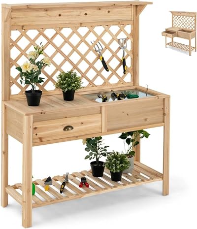 TANGZON Wooden Potting Bench Table with Trellis & Storage 120x43x150cm