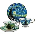AOTELIDA Floral Tea Cups Saucers Set of 2, Bone China 7 oz British Teacups Porcelain Coffee Cup for Rose Tea Cappuccino Espresso Latte (Starry Sky & Wheat Field)