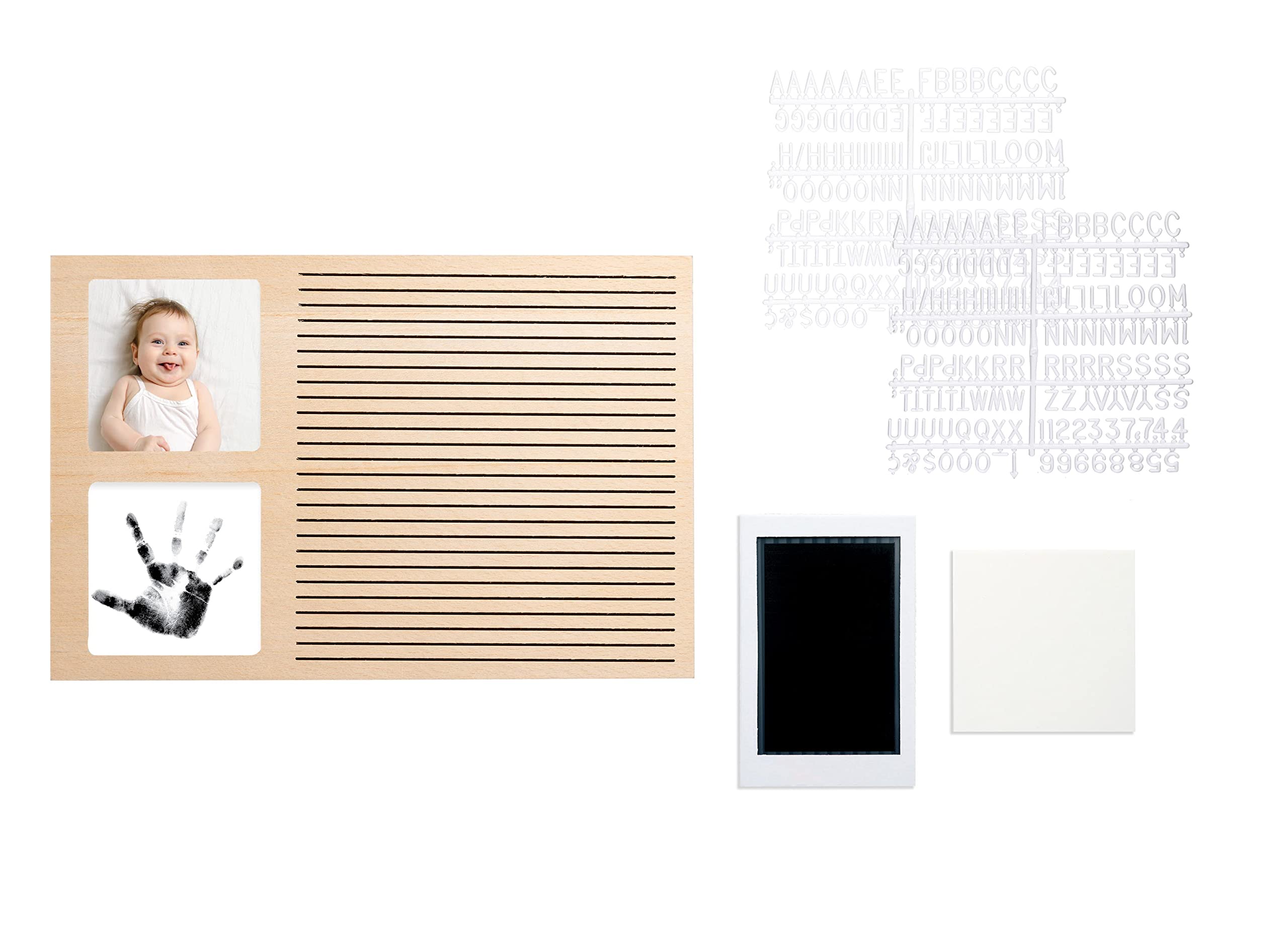 Pearhead Babyprints Letterboard Photo Frame, Inkless Baby Handprint & Footprint Kit Included, Wooden Customizable Letterboard for Baby, New Baby Announcement Keepsake