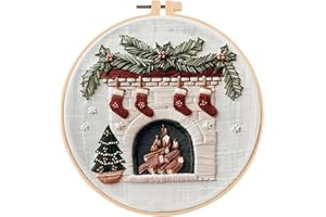 Huacan Embroidery Kits Christmas for Adults Beginner DIY Cross Stitch Stamped Fireplace Chimney Pattern Stitching Sewing Kit 1 Piece 7.9 x 7.9 Inch