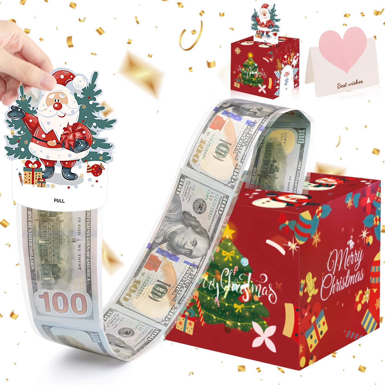 Christmas Money Gift Boxes, Merry Christmas Money Box for Cash Gift, Christmas Money Box Cash Gift Pull Out Card and 30 pcs Transparent Bags for Christmas Party
