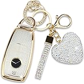 Simocky Key Fob Cover with Diamond Keychain for Mercedes Benz Women Car Key Shell Compatible with Benz 2017-2021 E-Class 2018-2021 S-Class 2019-2021 A-Class C-Class G-Class (4 Buttons-Gold Heart)