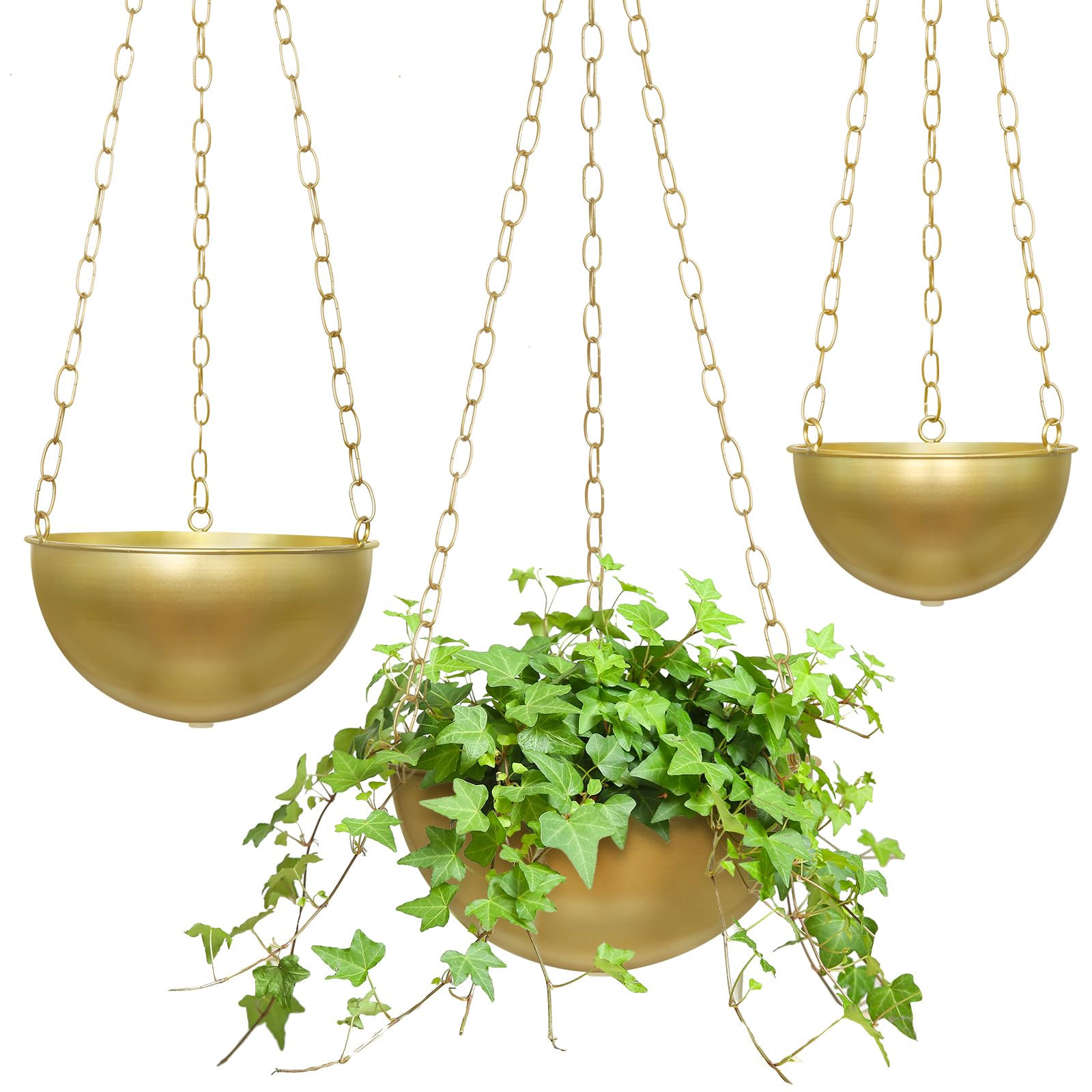 Photo 1 of 10/8/6 inch Hanging Planters for Indoor Plants Set of 3, Metal Hanging Pots with Drainage and Plug, Large Small Flower Pots Set for Window, Kitchen, Patio, Bathroom (Gold)