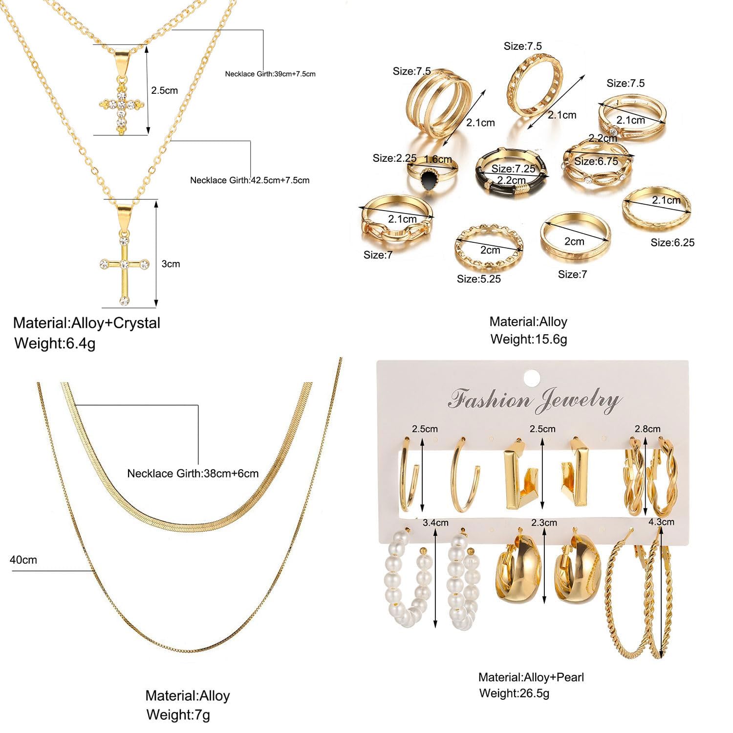 73 Pcs Gold Jewelry Set with 6Pcs Layered Necklace, 11 Pcs anklet and 7Pcs Earring Ear Cuff,12Hoop Earrings ,15pcs Rings,21pcs stud earrings Jewerly set for Women Pack for Friendship Party Gift