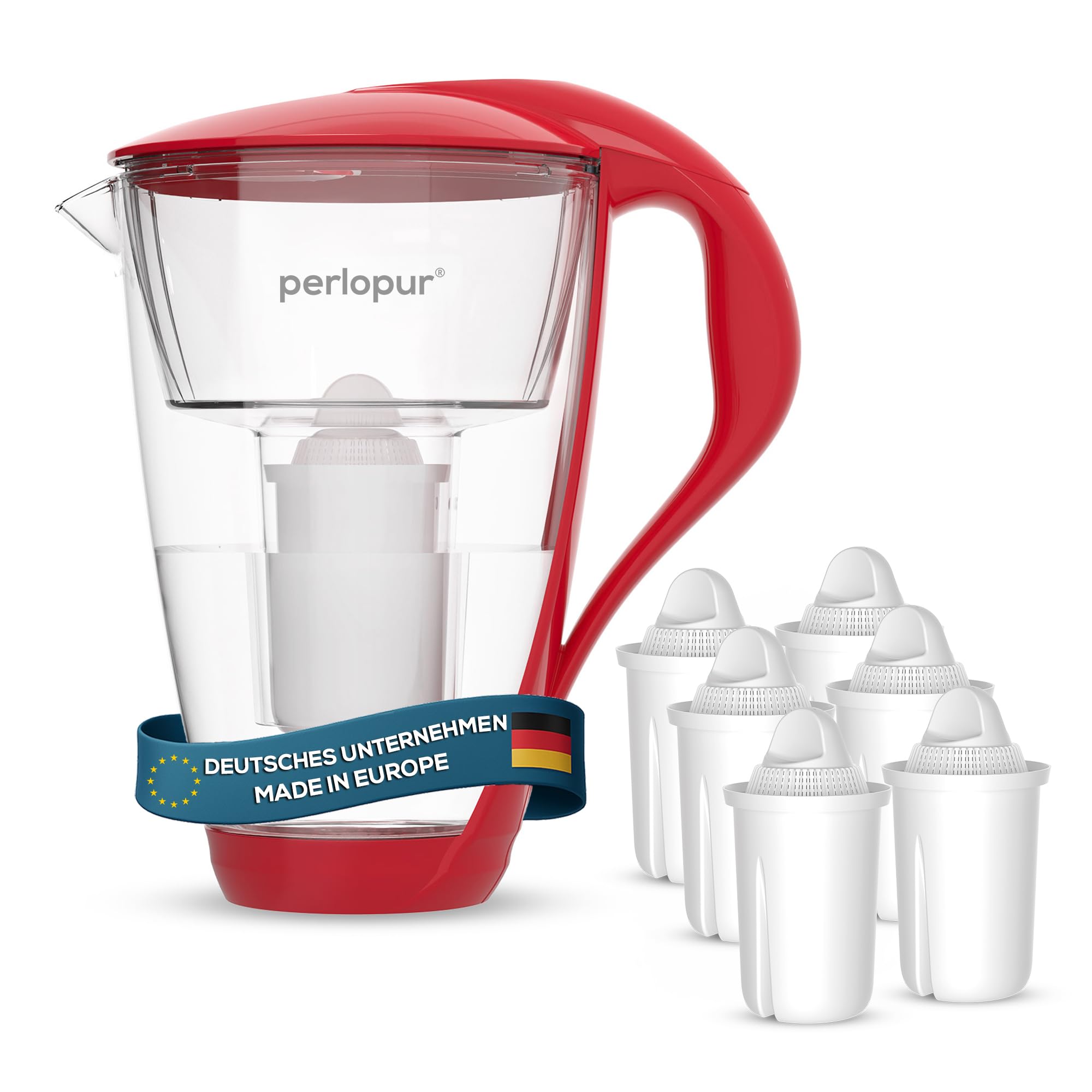 PearlCo Glass Water Universal classic Filter (red) incl. 6 Universal classic Filter Cartridges (compatible with Brita® Classic)