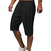 HangNiFang Men's Long Linen Shorts Below Knee Pocketed 3/4 Summer Drawstring Capri Pant