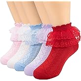 Meeshine 5 Pairs Baby Toddler Girls Ruffle Lace Socks Eyelet Frilly Mesh Cotton Princess Dress Ankle Socks for 2-9T