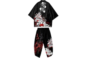 DOSLAVIDA Men's Japanese Kimono Jacket Set Stylish Open Front Coat With Shorts Chinese Style Printed Cardigan Suit
