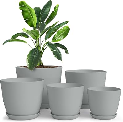 Utopia Home Plastic Planters Grey 5 Pack Multisize Indoor Flower Pots Decorative