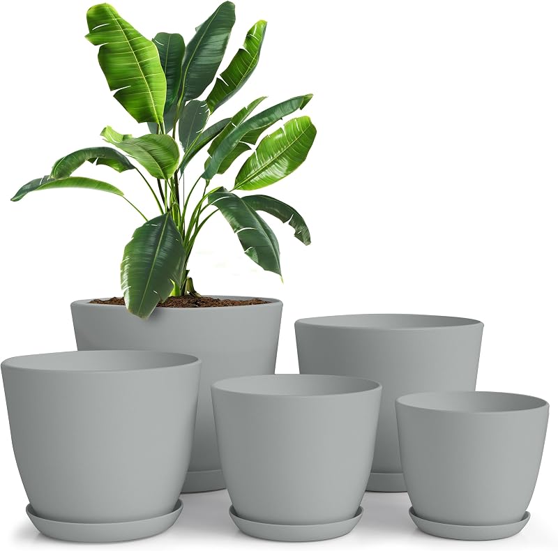 Utopia Home Plastic Planters Grey 5 Pack Multisize Indoor Flower Pots Decorative