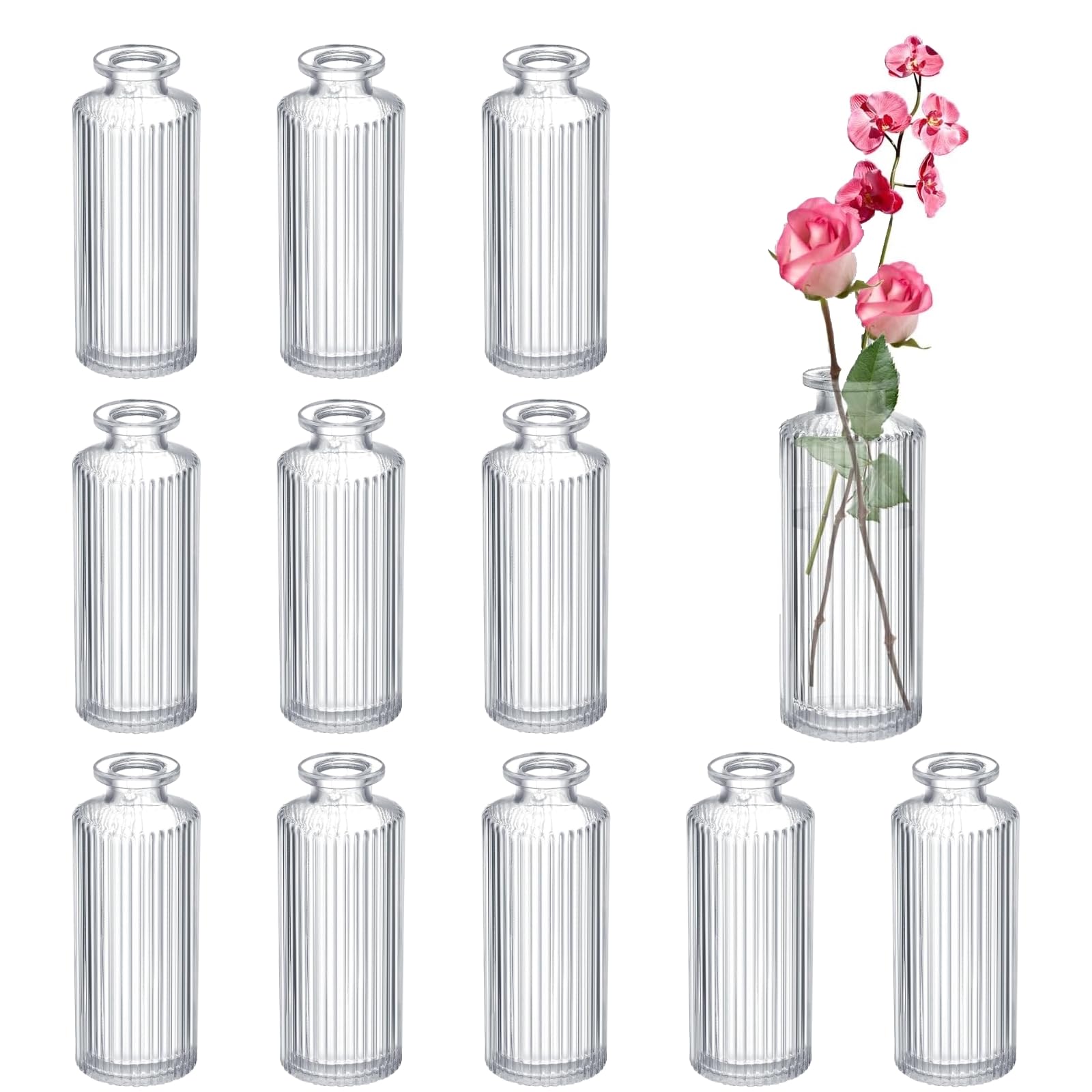 Photo 1 of (PARTIAL SET) Glass  Vases Set of 12, Ribbed Bud Vases in Bulk, Mini Vases for Centerpieces, Small Clear Vintage Vase for Table Decorations, Wedding Decor, Home (Ribbed)
