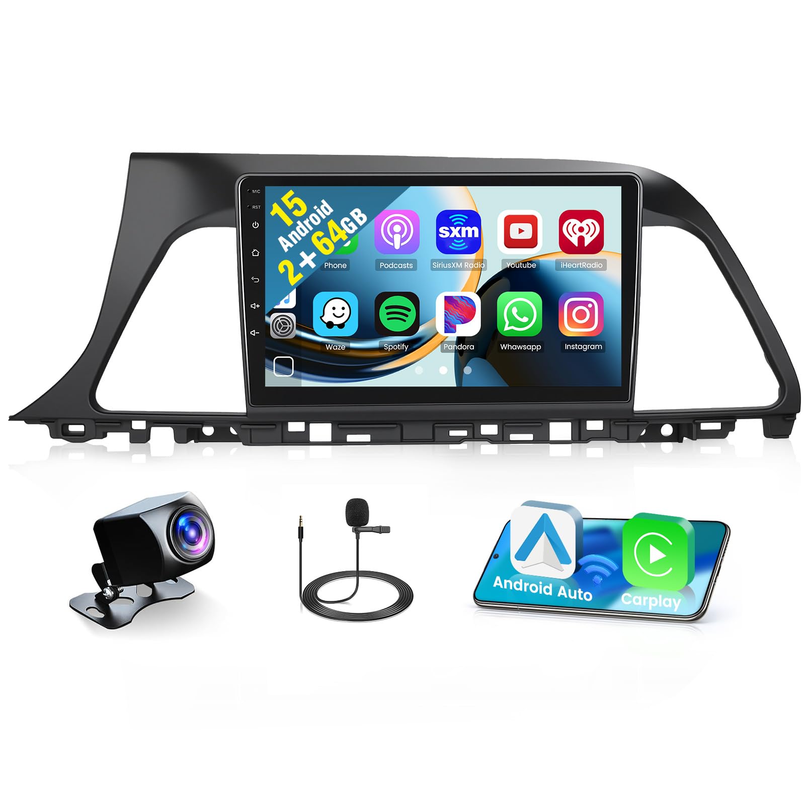 Photo 1 of 2+64G Android 15 Car Stereo for Hyundai Sonata 2015-2017 Wireless Apple CarPlay Android Auto,9 inch Touch Screen Radio Upgrade WiFi Bluetooth GPS FM RDS+Free AHD Backup Cam