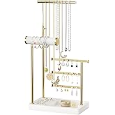 SZQINJI 5 Tier Jewelry Holder Organizer, Gold Jewelry Stand with Velvet Bracelet Holder, Adjustable Height Jewelry Display for Necklaces, Bracelets, Earrings, Rings, Gift Idea for Women, White