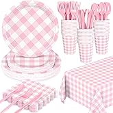 176 PCS Light Pink Gingham Round Plates and Napkins, Pink Checkered Disposable Plates Set with Napkins Cups Plastic Spoons Forks Knives for Dinner Birthday Baby Shower Wedding Supplies Serve 25 Guests