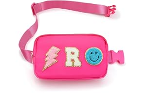 PAINZIETEG Fanny Pack for Girls Crossbody Bag, Preppy Nylon Kids Belt Bag for Birthday Christmas Graduation Personalized Gifts, R Chenille Letter Pink Fanny Pack for Women Teen Girls