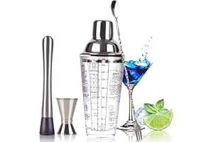Glass Cocktail Shaker Kit, 14oz Glass Mixing Shaker with Measuring Cup and Mixing Spoon and Stainless Steel Bartender Kit
