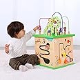 TOOKYLAND 5 in 1 Activity Center, Wooden Large Activity Play Cube 23"X13"X13", Wooden Learning Puzzle Toy for Toddlers, with Animal Friends, Shapes, Mazes, Shape Sorter