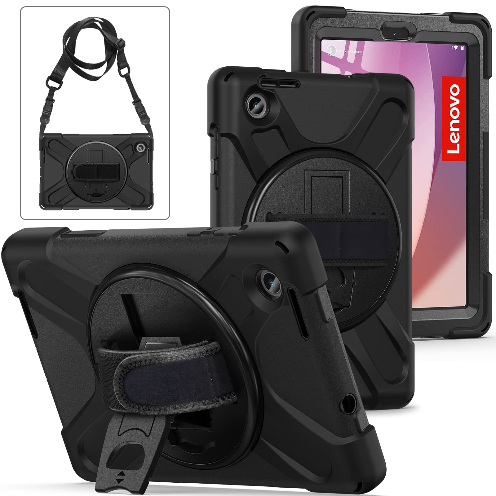 UFinetech Case for Lenovo Tab M8 4th Gen, Heavy Duty Rugged Protective Cover for Lenovo M8 Gen 4 Tablet TB-300FU, Shockproof 360° Rotating Hand Strap, Stand, Pen Holder, Shoulder Strap, Kids, Black
