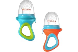 RaZbaby Baby Solids/Frozen Fruit Feeder Pacifier, Infant Teether Toy 6M+, BPA-Free, Safely Introduce Solids, Natural Teething Relief, Dishwasher Safe, Freezable – Blue & Orange 2-Pack
