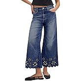 Flamingals Women's Floral Embroidery Wide Leg Jeans Mid Rise Strechy Casual Trendy Denim Cropped Pants
