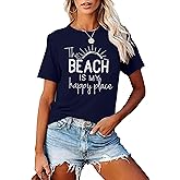 Beach Shirt Women The Beach is My Happy Place T Shirt Short Sleeve Casual Summer Vacation Tees Top