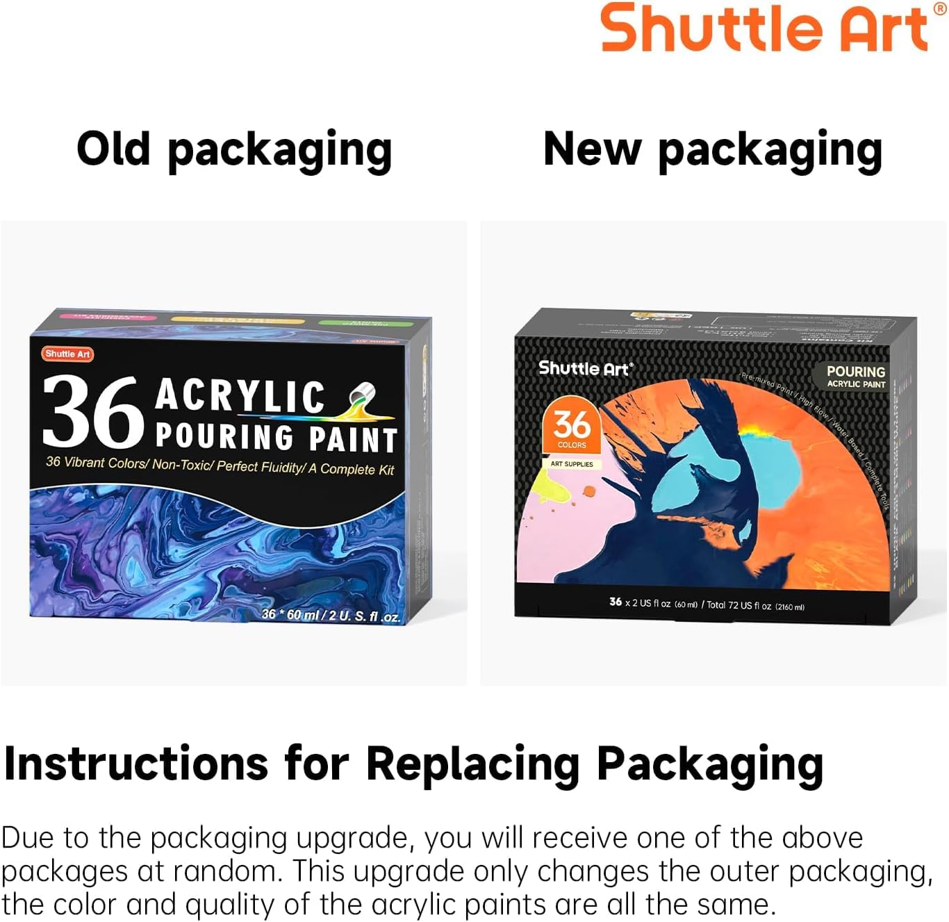 Shuttle Art Acrylic Pouring Paint, Set of 36 Bottles (2 oz/60ml) Pre-Mixed High-Flow Pouring Supplies with Canvas, Silicone Oil, Measuring Cups, Tablecloths, Complete Paint Pouring Kit