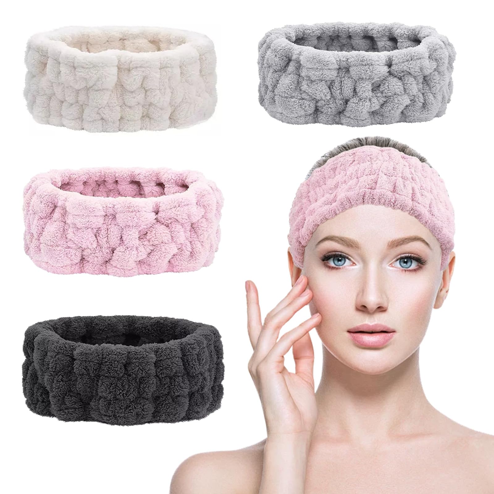 KEYRI 4 PCS Spa Headband Makeup Head Hair Bands for Women Skincare Headband Soft Coral Fleece Elastic Facial Makeup Headband for Washing Face Shower Sports Beauty Skincare(Black+White+Pink+Grey)