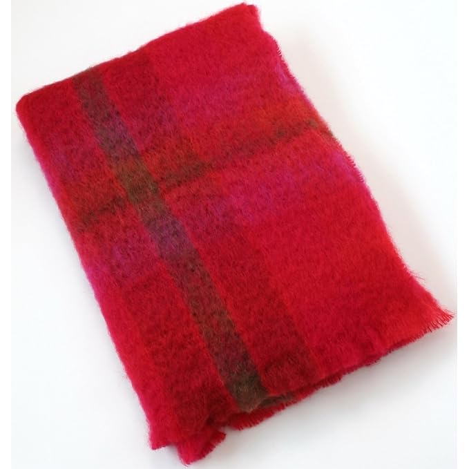 Red Check Luxury Irish Mohair Blanket / Throw. ( Small 137cm x 100cm