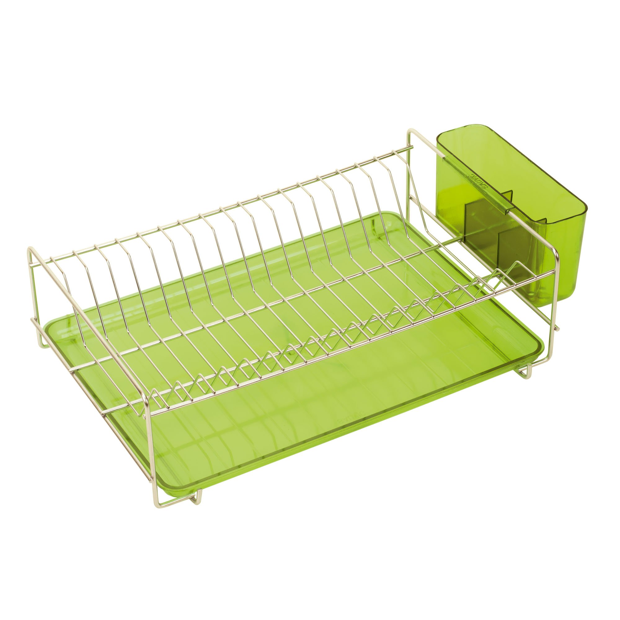 Sauvic Flat Stainless Steel Dish Drainer with Green Water Collection Tray, 38.5 x 25 x 12 cm