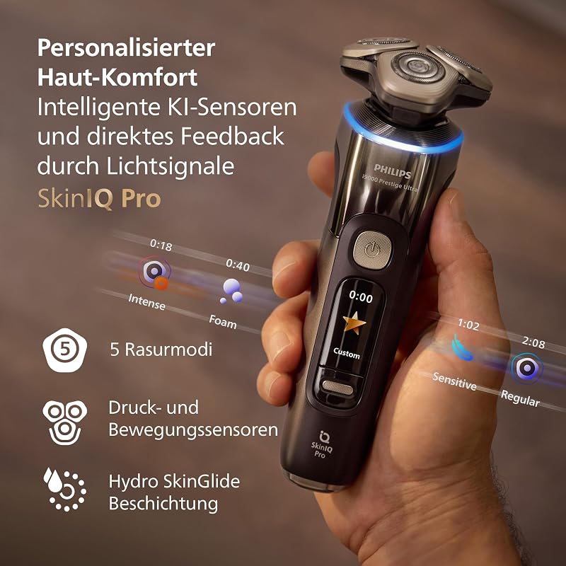 elektrischer Rasierer i9000 Prestige Ultra für Herren, Nass- und Trockenrasur, schwarz, Druck- und Bewegungssensor, Trimmeraufsatz, Reinigungsstation, Ladestation und Reiseetui (XP9405/31)