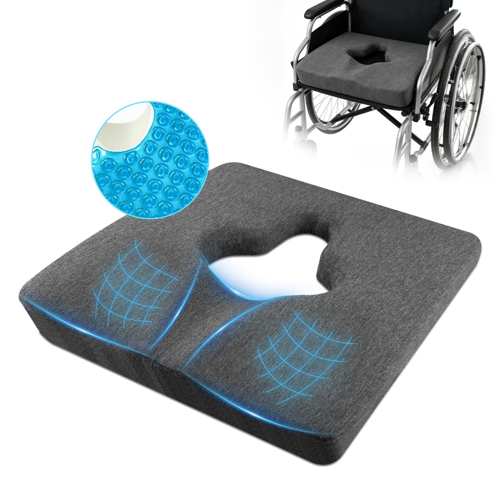 Photo 1 of Gel Memory Foam Wheelchair Seat Cushion with Buckle,Bed Sore Cushions for Butt,Relieves Sciatica Coccyx Hemorrhoid Pain for Office,Bedsore Pressure Relief Pillow,Washable-Cover (Dark Grey)