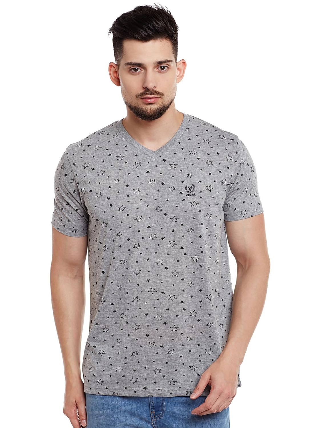 vimal printed grey melange v neck cotton tshirt for men(pack of 1)
