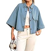 Tankaneo Womens Cropped Denim Jackets Casual Button Down Jean Shirt Shacket Loose 3/4 Sleeve Coat with Pockets