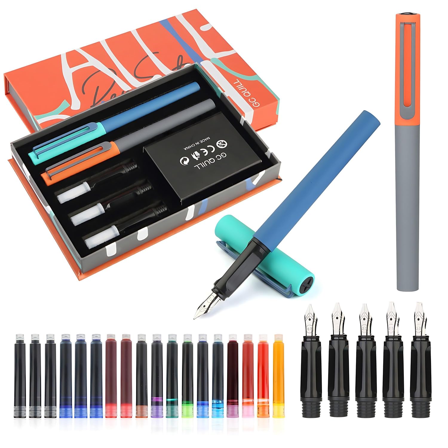 GC QUILL Calligraphy Fountain Pens Set - 5 Different Nibs and 18 Ink Cartridges, Calligraphy Set for Beginners - MU-20