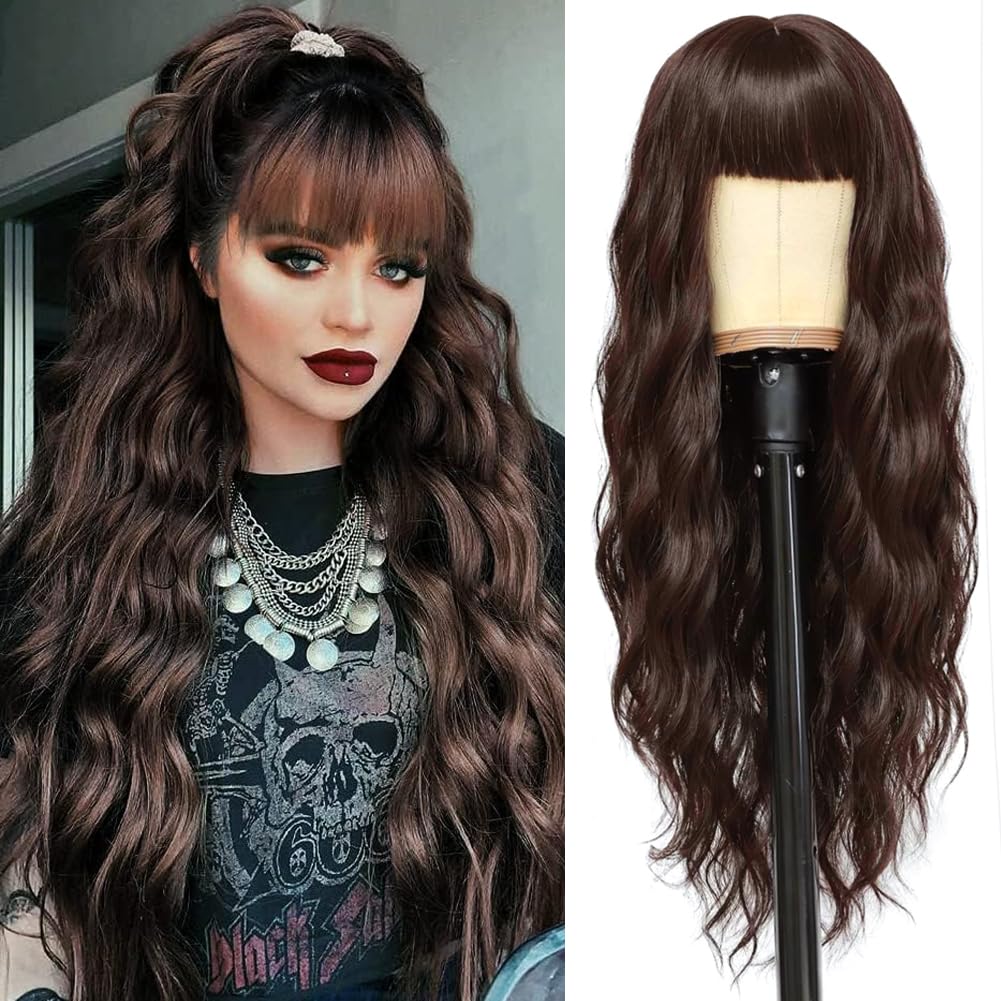 YEESHEDO Women's Wig Long Wave Wigs for Women with Bangs, Natural Curly Wavy Synthetic Replacement Hair for Party Cosplay Halloween 28 Inches (Dark Brown)