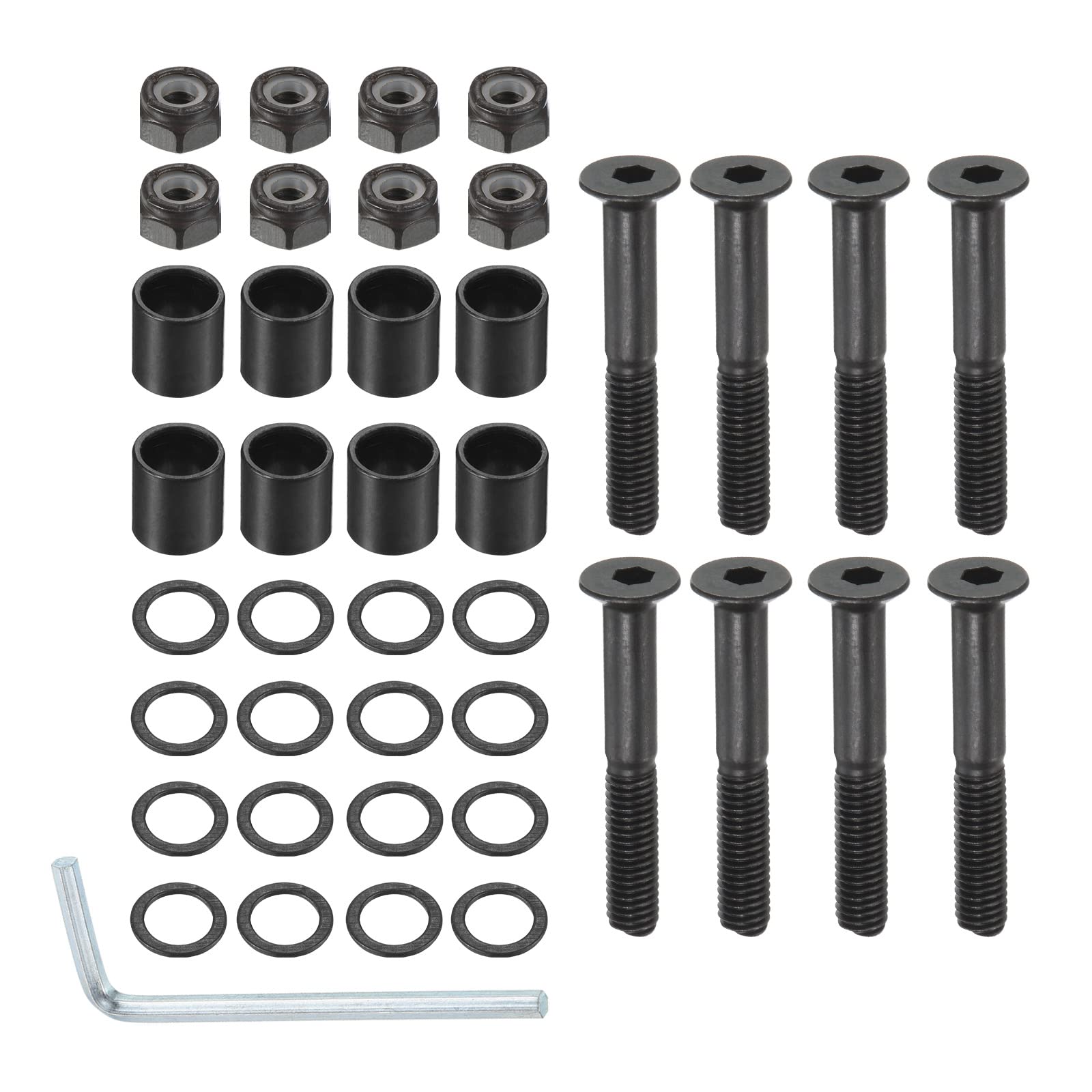 PATIKIL 1.38 Inch Skateboard Hardware Screws Bolts Kit, 8Pcs Skate Tools Mounting Hex Key Parts with Spacers Washers Nuts Wrench for Skateboard Longboard Wheel Accessories, Black