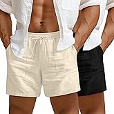 Locoowai 2 Pack Men's Big and Tall Linen Shorts, Drawstring Beach Shorts with Pockets Cotton Elastic Waist Vacation Clothes