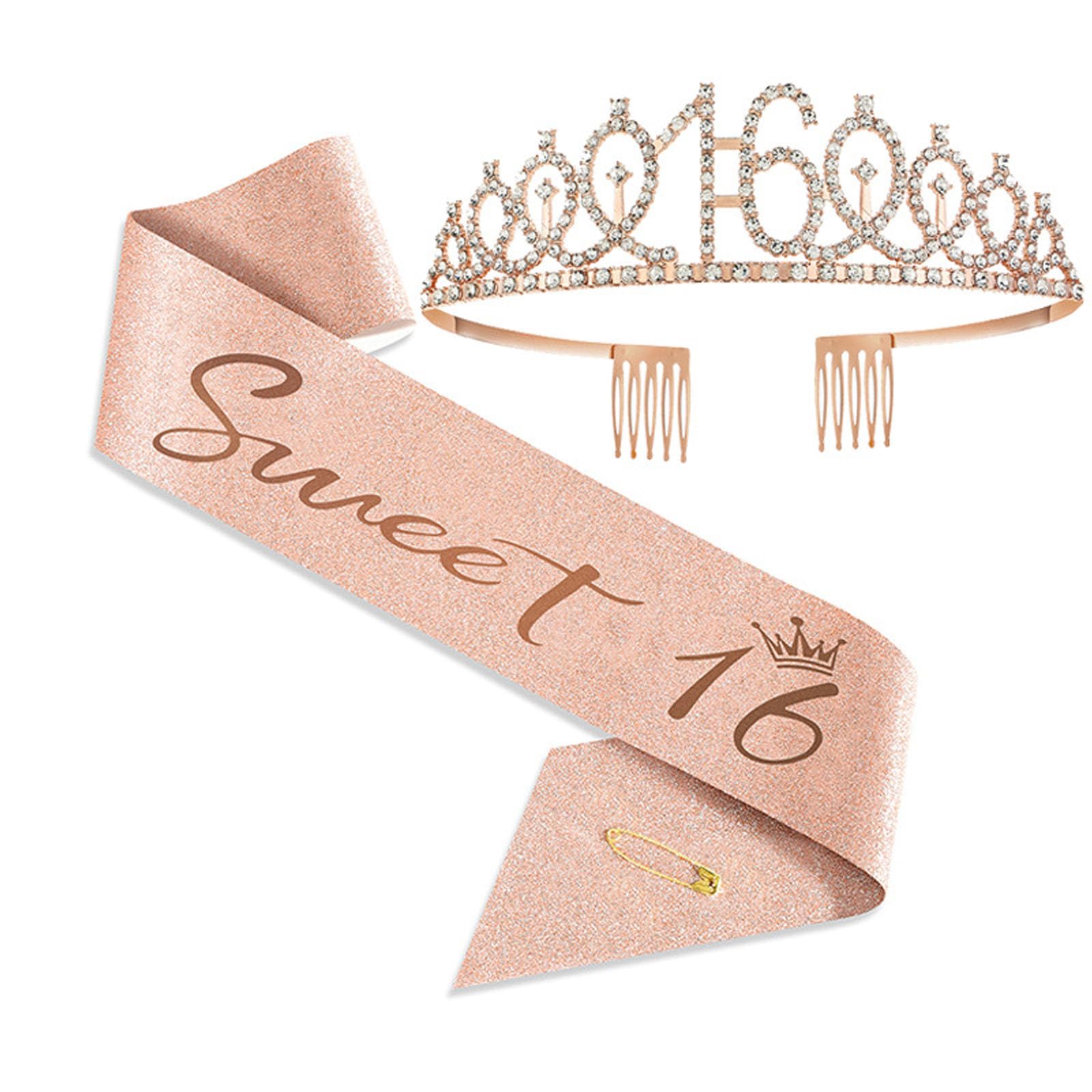 JOUWUI 16th Birthday Tiara Crown and Princess Sash, 16th Birthday Decorations for Her, Sweet 16 Gift for Girls, Birthdays Accessories Gifts — image 1