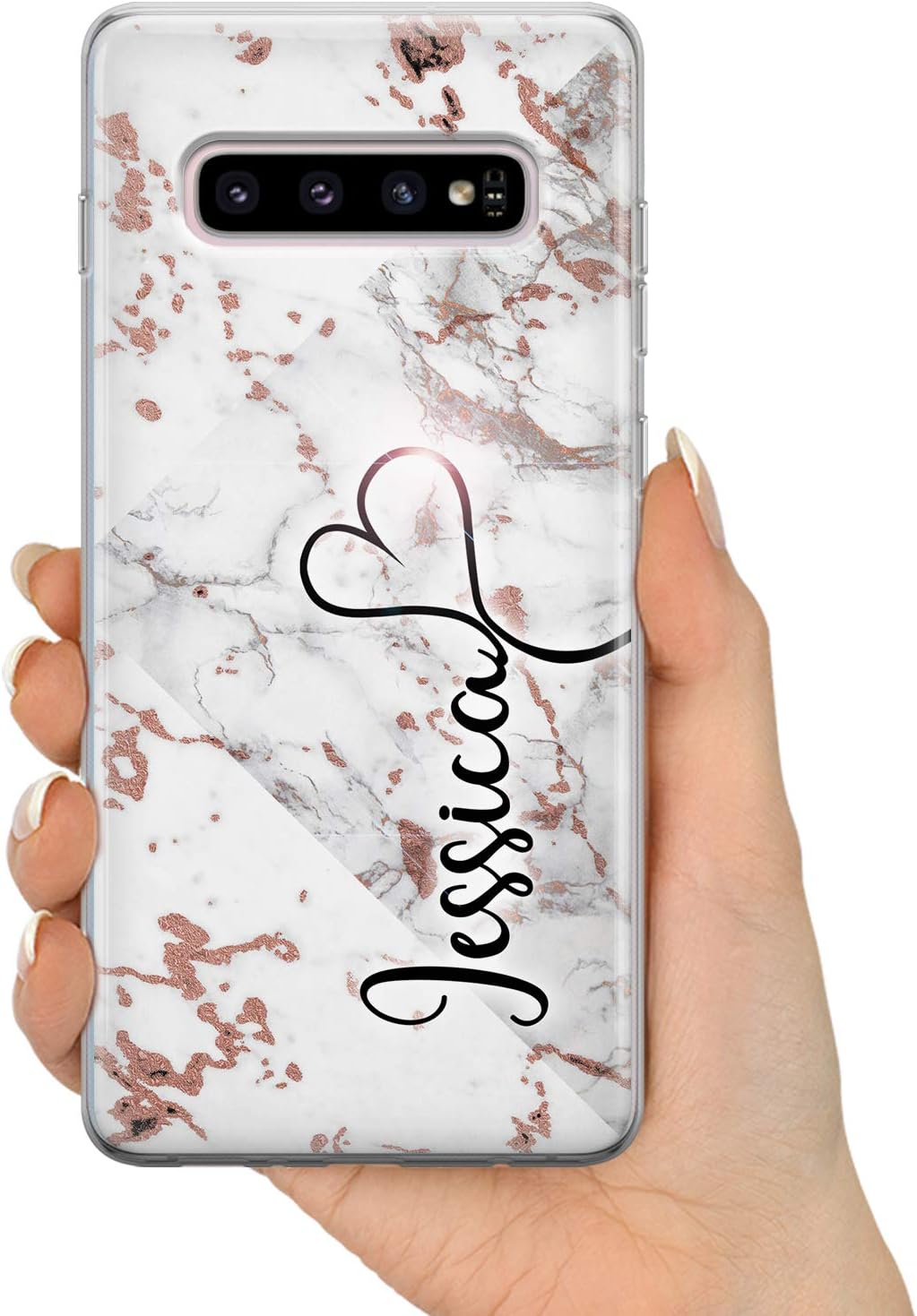 TULLUN Personalised Phone Case for Samsung Galaxy A30 /A20 - Clear Hard Plastic Custom Cover Rose Gold Marble ET Individual Style Initials Name Text - Heart name